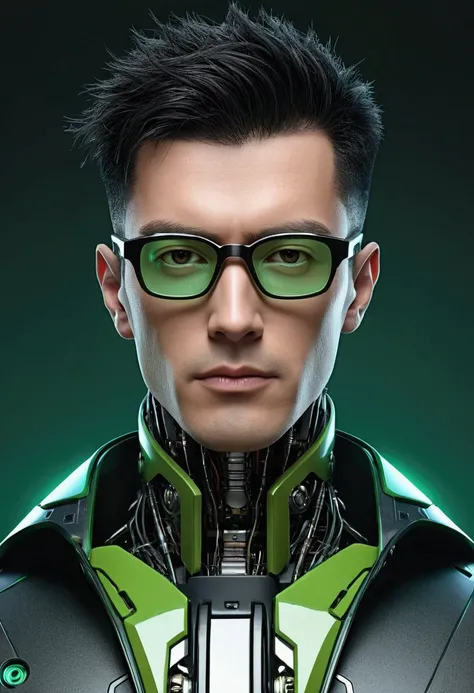 Male robot body hair with black-rimmed glasses with undercut hair, Look to the camera ::futuristic cyberpunk style ,realistic styling ::n_digital painting style, robotic parts, face perfect::seed 1、Black Edged Hair、large nose、Green-based clothing