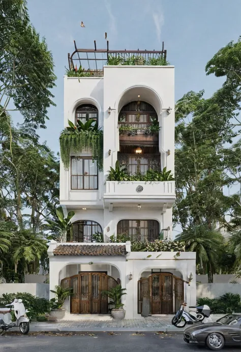 render a 4-meter-wide, 3-story indochine-style small townhouse situated in an urban setting. the townhouse features an elegant w...