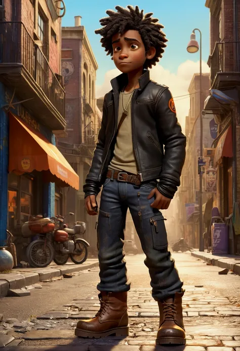 (((A black boy))), (Disheveled Hair), ((Wearing thick pants and a leather jacket)), (Beige travel boots), (On the street), (Bright colors),  (In the bar), Post-apocalyptic city, (Pixar Style)++, Jean＝Baptiste Monge, --2 pieces included:3 --testp;