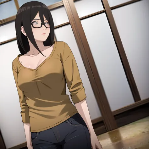 masterpiece, Very detailed, best quality, Ultra-high resolution, 1 Girl, Solitary, (completion), (small breast), breast,    (Oversized shirts，Open neckline，Black half-rimmed glasses ), (Hyuga Hanabi:1), (shorts | Pants | mini skirt), cleveage, From the fro...