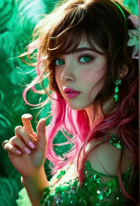 wavy long hair, brown hair, 1girl, emerald eyes, waving with two fingers, pink lips, pastel green dress,