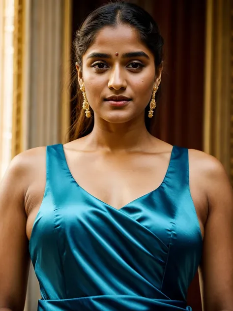 Looks like Nivetha Thomas , "Design an illustration of a stunning and powerful warrior queen with a regal presence. She should possess a combination of strength and grace. Imagine her in ornate, yet practical armor that complements her figure. The armor sh...