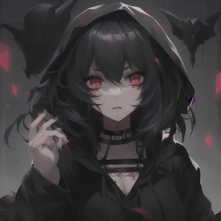 anime girl with red eyes and black hair in a hoodie, demon anime girl, 4K anime-style, with bright red eyes, 8K anime art wallpaper, with bright red eyes, 4k anime art wallpaper, 4K anime art wallpaper, guweiz no pixiv artstation, dark art style, gapmoe ya...