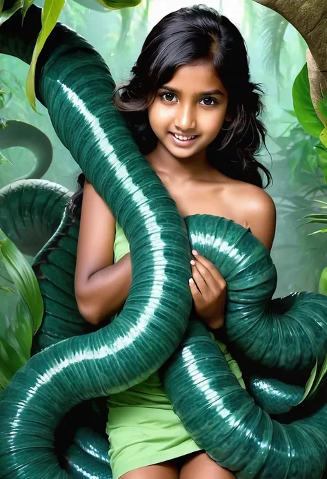 happy horny, aroused 1girl), beautiful   indian  young teen girl with  giant colossal kaa monster squeezing her hard, wrapped in...