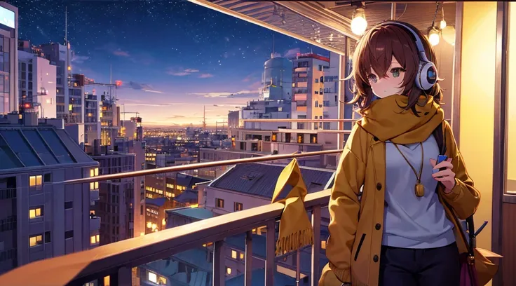 Anime style
On a cozy balcony with a beautiful night view of the city, a girl with bobbed hair, a yellow sweater and a brown scarf stands leaning against the balcony fence. The girl is relaxed and looking at the night view. She is wearing large headphones ...