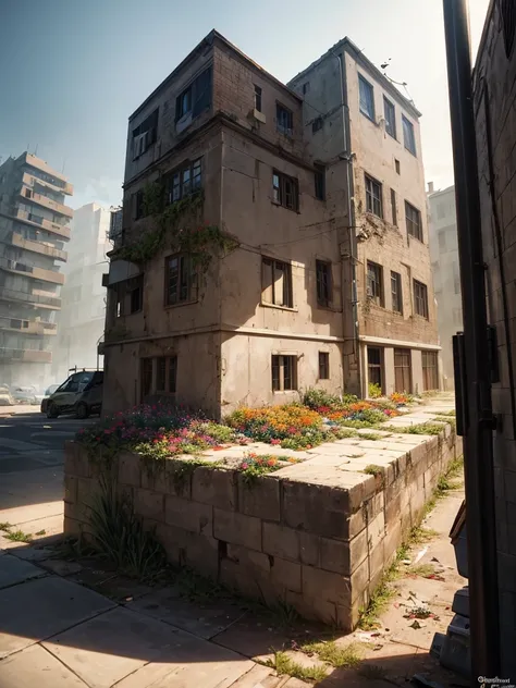 This is a city that was prosperous with large buildings and landscaping on the walls and roofs, but thanks to the disappearance of pollinating insects, nature has died and garbage accumulates since there are no insects to decompose it.. Under a dark gray s...