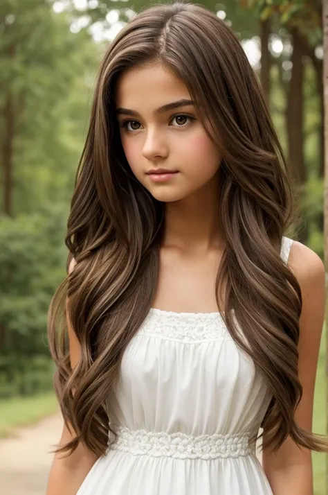 make a long brown hair teen 15 year olds girl, in a  15 year olds white dress