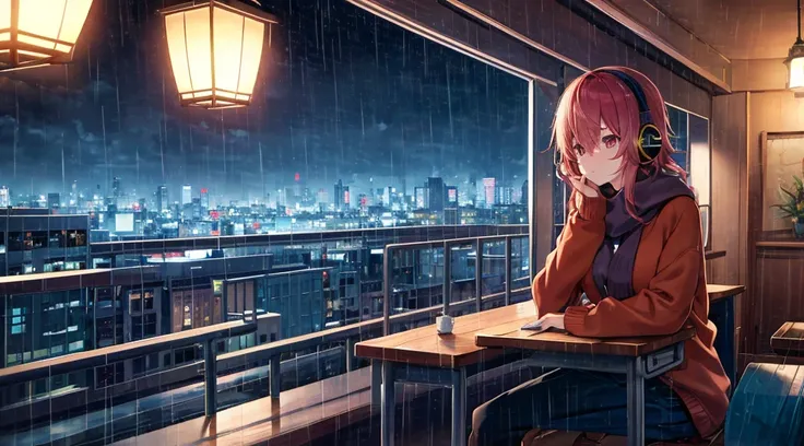 Anime style
On a cozy balcony with a beautiful rain view of the city, a girl with bobbed hair, a red sweater and a brown scarf stands leaning against the balcony fence. The girl is relaxed and looking at the night view. She is wearing large headphones and ...