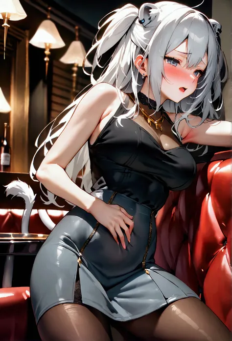 NSFW,masterpiece,Highest quality,High resolution,Super detailed,Shishirabotan(Hololive),Long Hair、Two Side Up、Earrings、Lion&#39;s Tail,necklace、Black Shirt、Sleeveless shirt、abdomen、See-through、Grey Skirt、片足pantyhose、pantyhose、Off the shoulder,Black sexy pa...