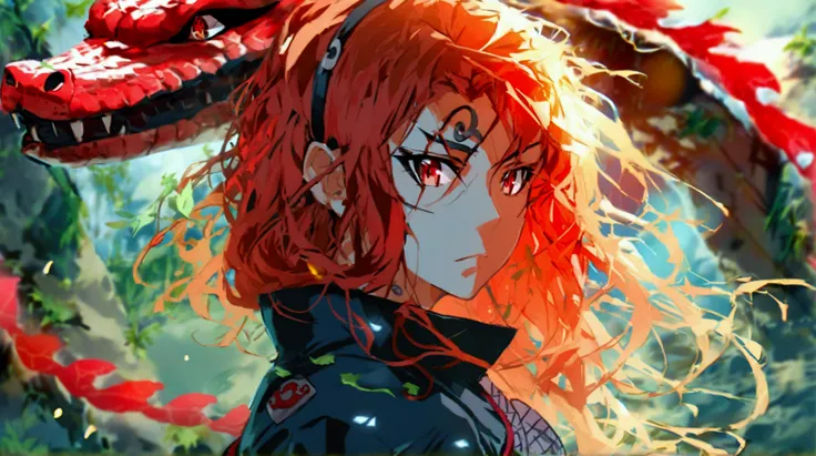 Redhead girl with wavy hair, with black eyeliner, visiting akatsuki outfit, with the sharingan in both eyes, she has a tenacious look, (On his forehead he wears a band with the village plaque between the leaves), She is facing the camera looking towards th...