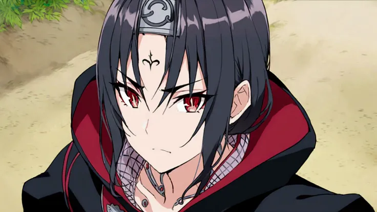 Redhead girl with wavy hair, with black eyeliner, visiting akatsuki outfit, with the sharingan in both eyes, she has a tenacious look, (On his forehead he wears a band with the village plaque between the leaves), She is facing the camera looking towards th...