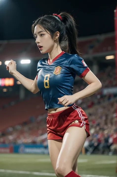 (((best quality))), (((ultra detailed))), (((masterpiece))), illustration,(a beautiful girl,female footballer,solo),(short ponytail:1.2),Spanish team,(short sleeves:1.2),((red jersey, blue shorts)),((slim,thin)),((small breasts,flat chest))),(football:1.2)...