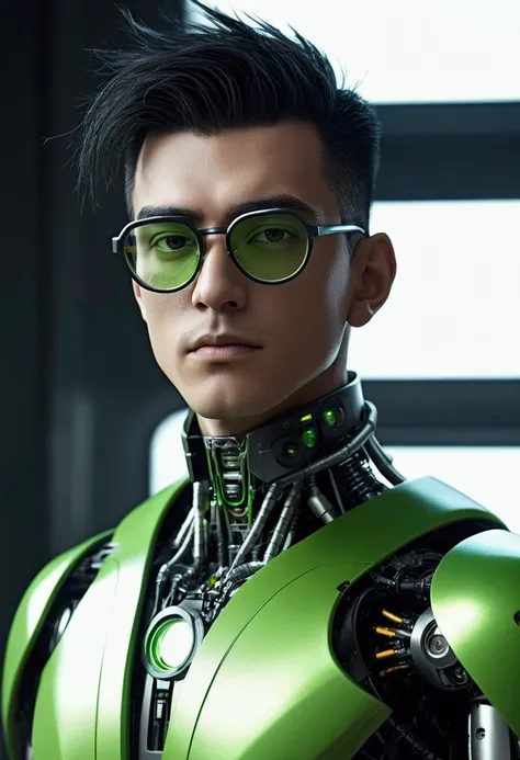 Male robot body hair with black-rimmed glasses with undercut hair, Look to the camera ::futuristic cyberpunk style ,realistic styling ::n_digital painting style, robotic parts, face perfect::seed 1、Black Edged Hair、large nose、Green-based clothing, photo by...