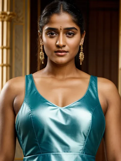 Looks like Nivetha Thomas , high quality skin texture, insane skin details,  "Design an illustration of a stunning and powerful warrior queen with a regal presence. She should possess a combination of strength and grace. Imagine her in ornate, yet practica...