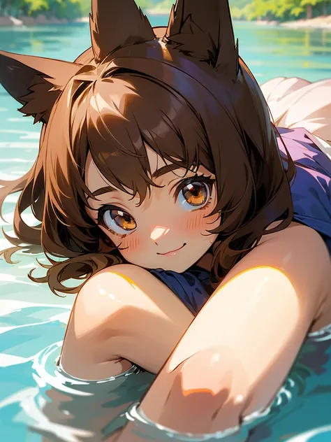 A cute little lowteen anime girl, short brown wavy hair, id shot, anime style, big shiny brown eyes, fox ears, 11 years old, summer, smile