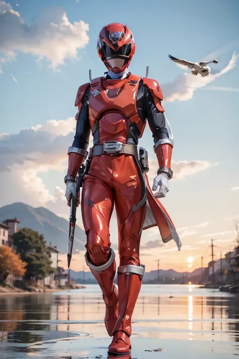 The sunset flies with the lonely geese in the distance, and the autumn river water and the vast sky are connected, icons,1boy, full body, Illustration, cinematic light, high resolution, best quality, ultra detailed, masterpiece, power suit, powerranger, su...