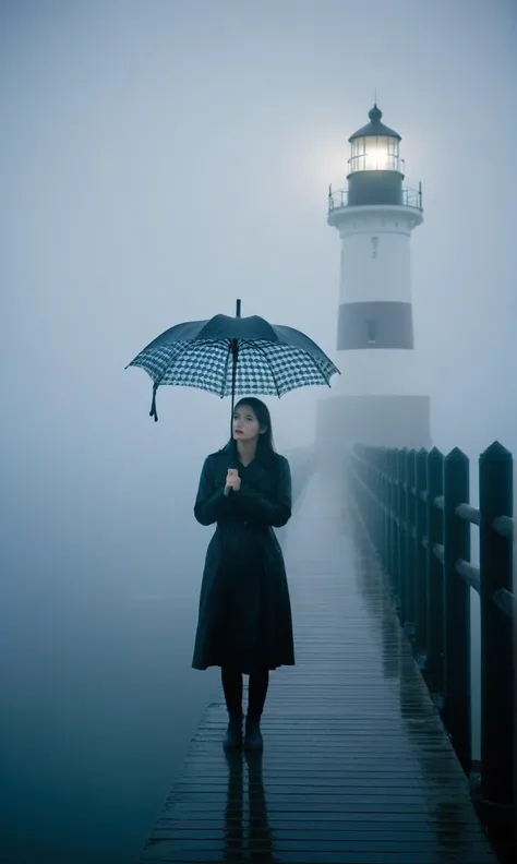 girl,cool,rain,blur,Fog,middle,cool,boring,,pier,only,lighthouse,Coast,
The dim light shines in the Fog,and the figure stands in the Fog holding an umbrella,