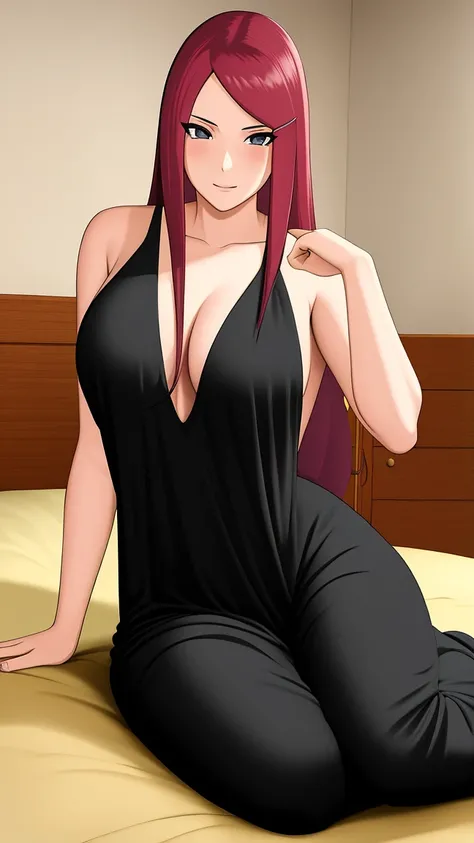 uzumaki_kushina, large_breasts, sitting, bedroom, solo, black night dress, seductive pose, masterpiece, best quality, detailed face, detailed eyes, highres,