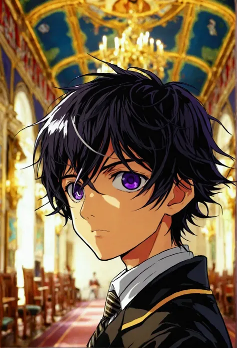 Anime boy with black hair and purple eyes meeting Mammon in the royal academy of diavalo in the classroom 