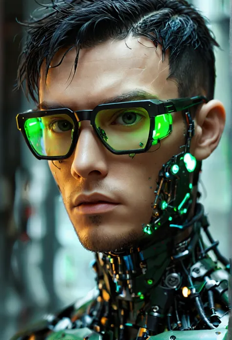 Male robot body hair with black-rimmed glasses with undercut hair, Look to the camera ::futuristic cyberpunk style ,realistic styling ::n_digital painting style, robotic parts, face perfect::seed 1、Black Edged Hair、large nose、Green-based clothing, photo by...