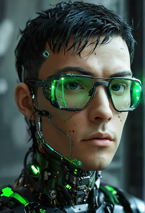 Male robot body hair with black-rimmed glasses with undercut hair, Look to the camera ::futuristic cyberpunk style ,realistic styling ::n_digital painting style, robotic parts, face perfect::seed 1、Black Edged Hair、large nose、Green-based clothing, photo by...