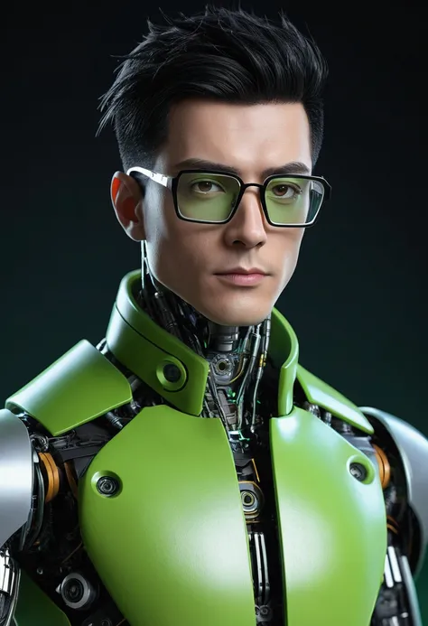 Male robot body hair with black-rimmed glasses with undercut hair, Look to the camera ::futuristic cyberpunk style ,realistic styling ::n_digital painting style, robotic parts, face perfect::seed 1、Black Edged Hair、large nose、Green-based clothing, photo by...