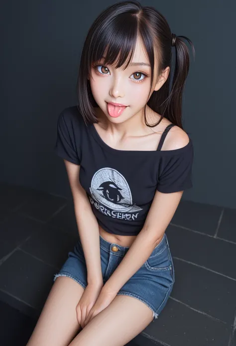 pastel colors t-shirt,off-shoulder look,bare shoulder,ollarbone,midriff peek,Tight denim mini skirt,open mouth,(tongue out:2),sit,(hand between legs),(overhead shot:2),front view,(face focus:1.5),(1girl,Beautiful 14 year old girl),((Slender,Small breasts,S...