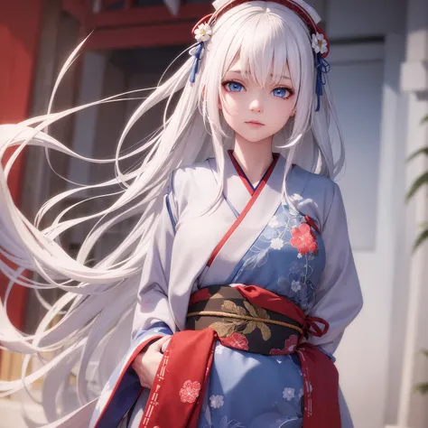 1 girl, white hair, blue eyes, wearing traditional japanese clothing, absurdres, high res, ultrasharp, 8k, masterpiece, looking ...