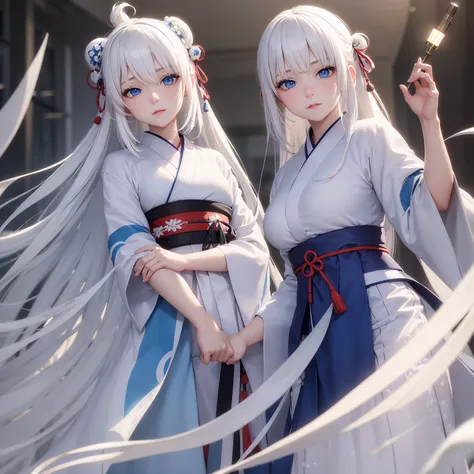 1 girl, white hair, blue eyes, wearing traditional japanese clothing, absurdres, high res, ultrasharp, 8k, masterpiece, looking ...