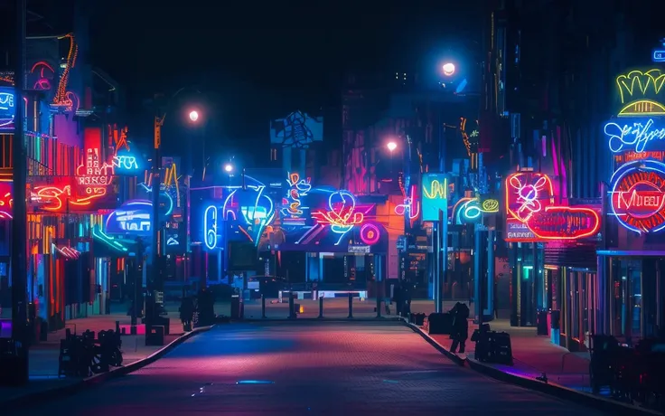 brightly lit neon lights on city streets at night, neon street, neon lights everywhere, neon streetlights, colored neons, city m...