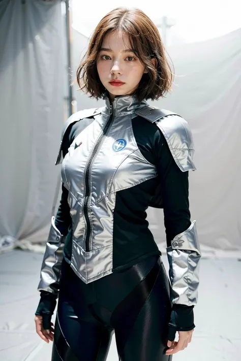 One girl wearing a superhero suit, standing against a white background with perfect skin and a perfect face. The image is in 4K high resolution.