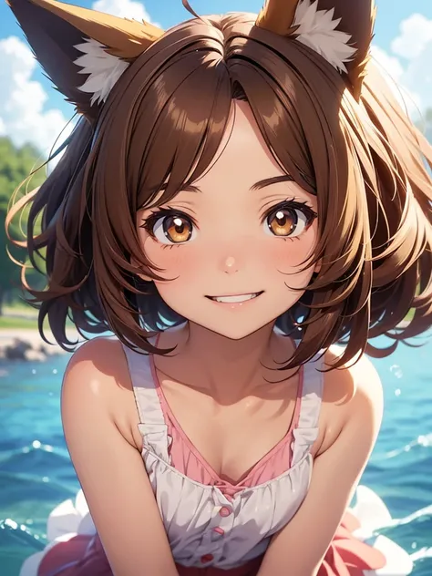 A cute little lowteen anime girl, short brown wavy hair, id shot, anime style, big shiny brown eyes, fox ears, 11 years old, summer, smile