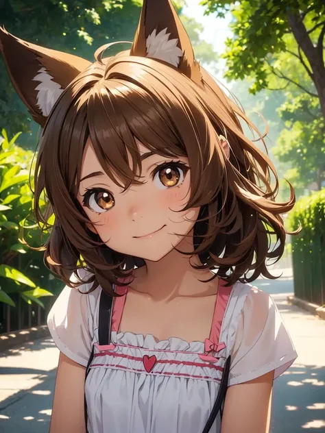 A cute little lowteen anime girl, short brown wavy hair, id shot, anime style, big shiny brown eyes, fox ears, 11 years old, summer, smile