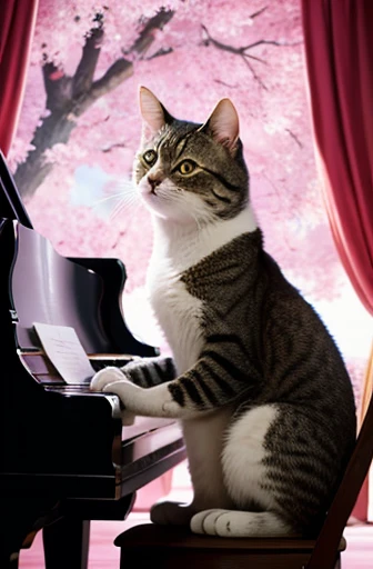 anime style, super fine illustration, highly detailed, dynamic angle, beautiful detailed, 8k, In the summer, during the daytime, in a semi-circular theater in the forest, BREAK an anthropomorphic cat sits on a chair, playing the piano. The cats eyes are cl...