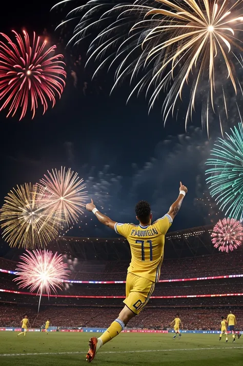 Make me an image alluding to a soccer victory of the Colombian team with fireworks 