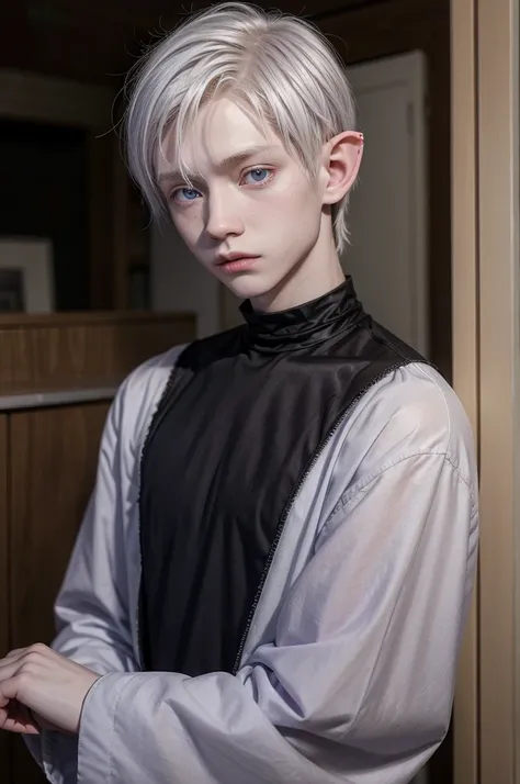 17 year old Albino male with elf ears ,gray hair that is medium to medium long, wear y2k style clothes, purple eyes ,a little muscular but wearing a black long-sleeved blouse  , with a face like a 28 year old man   