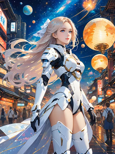 a beautiful young woman,white mecha,universe,starry sky,very_long_hair,1 girl,universe,,white_armor,best quality,super high resolution,Tokyo fashion,