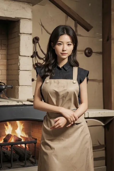 ((Masterpiece, Best quality, Photorealistic, High quality texture, High definition, intricate, detailed)),(realistic details texture:1.2),
(realistic, realistic_background, high_resolution, distinct_image:1.2),
a woman in an apron holding a fire in a room ...