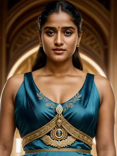 Looks like Nivetha Thomas , high quality skin texture, insane skin details,  "Design an illustration of a stunning and powerful warrior queen with a regal presence. She should possess a combination of strength and grace. Imagine her in ornate, yet practica...