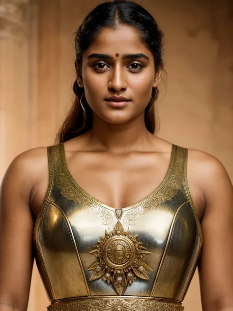 Looks like Nivetha Thomas , high quality skin texture, insane skin details,  "Design an illustration of a stunning and powerful warrior queen with a regal presence. She should possess a combination of strength and grace. Imagine her in ornate, yet practica...