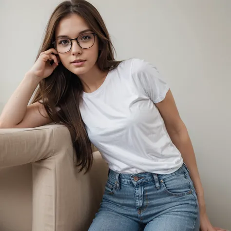 Beautiful, brown haired, woman, perfect face, wearing black regular glasses, white t-shirt, jeans, cute pose