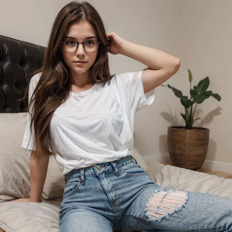 Beautiful, brown haired, woman, perfect face, wearing black regular glasses, white t-shirt, jeans, cute pose