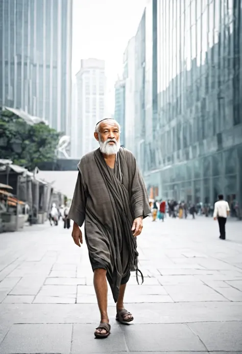 An ancient man walking in modern city 