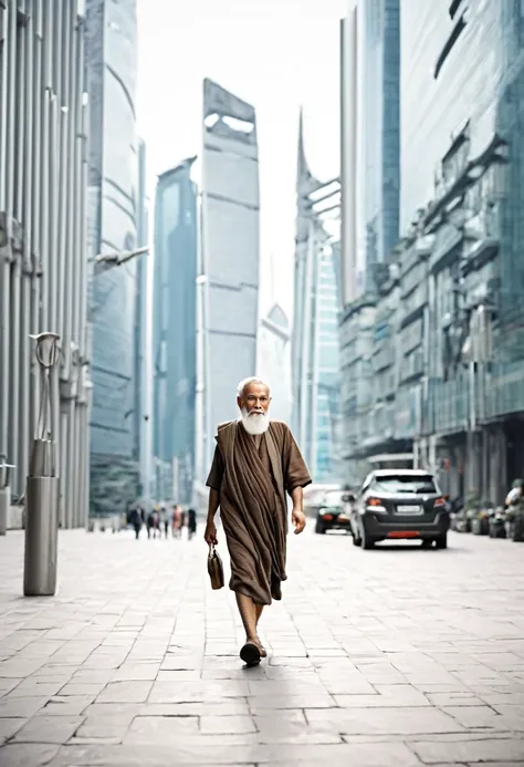 An ancient man walking in modern city 