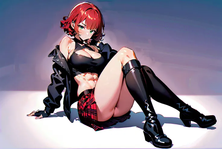 woman, curly red pixie cut hair, green eyes, wearing crop top black shirt, long black jacket, red plaid skirt, (black knee high boots), black fingerless gloves, exposed shoulders, (full body), large breasts, freckles, cleavage, abs, looking at viewer, mast...