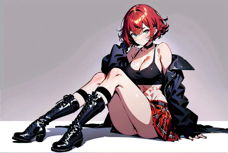 woman, curly red pixie cut hair, green eyes, wearing crop top black shirt, long black jacket, red plaid skirt, (black knee high boots), black fingerless gloves, exposed shoulders, (full body), large breasts, freckles, cleavage, abs, looking at viewer, mast...