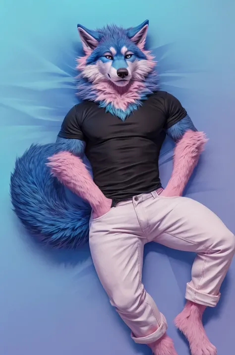 full body Male blue wolf furry black eyes blue background fluffy tail lying down on the floor with squat legs open skinny light pink color jeans and pink shirts