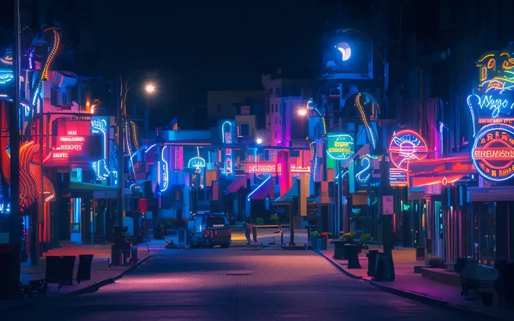 brightly lit neon lights on city streets at night, neon street, neon lights everywhere, neon streetlights, colored neons, city m...