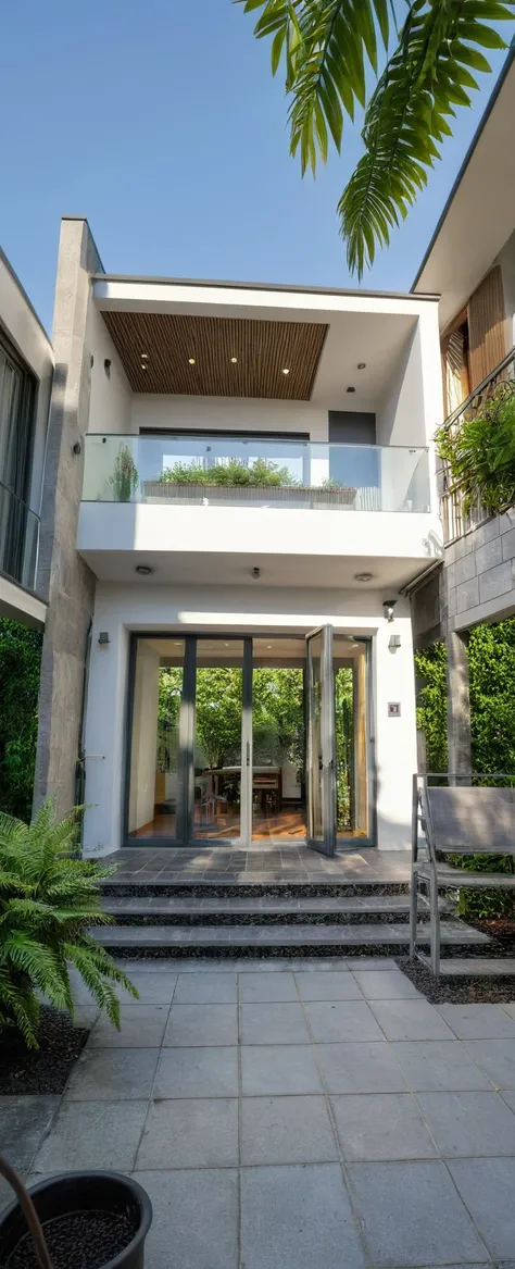 A wide angle shot shows the front view of a contemporary two-story villa with white walls and glass windows, design by Tadao ando,surrounded by lush greenery, adorned with vibrant tropical plants,architecture photography award, iwan baan, Taken on a Canon ...