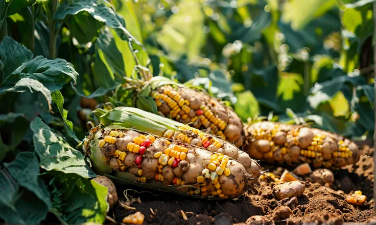 Close up of freshly dug potatoes and corn